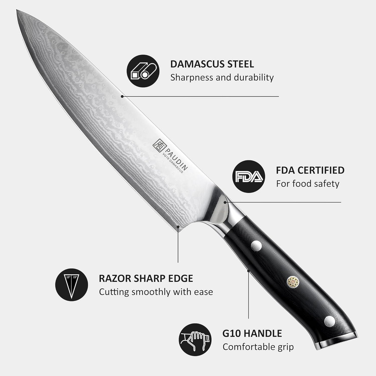PAUDIN Damascus Chef Knife, 8 Inch Kitchen Knife, 67 Layers Damascus Steel Knife Japanese VG10 Core, Professional Chefs Knife with Ergonomic G10 Handle