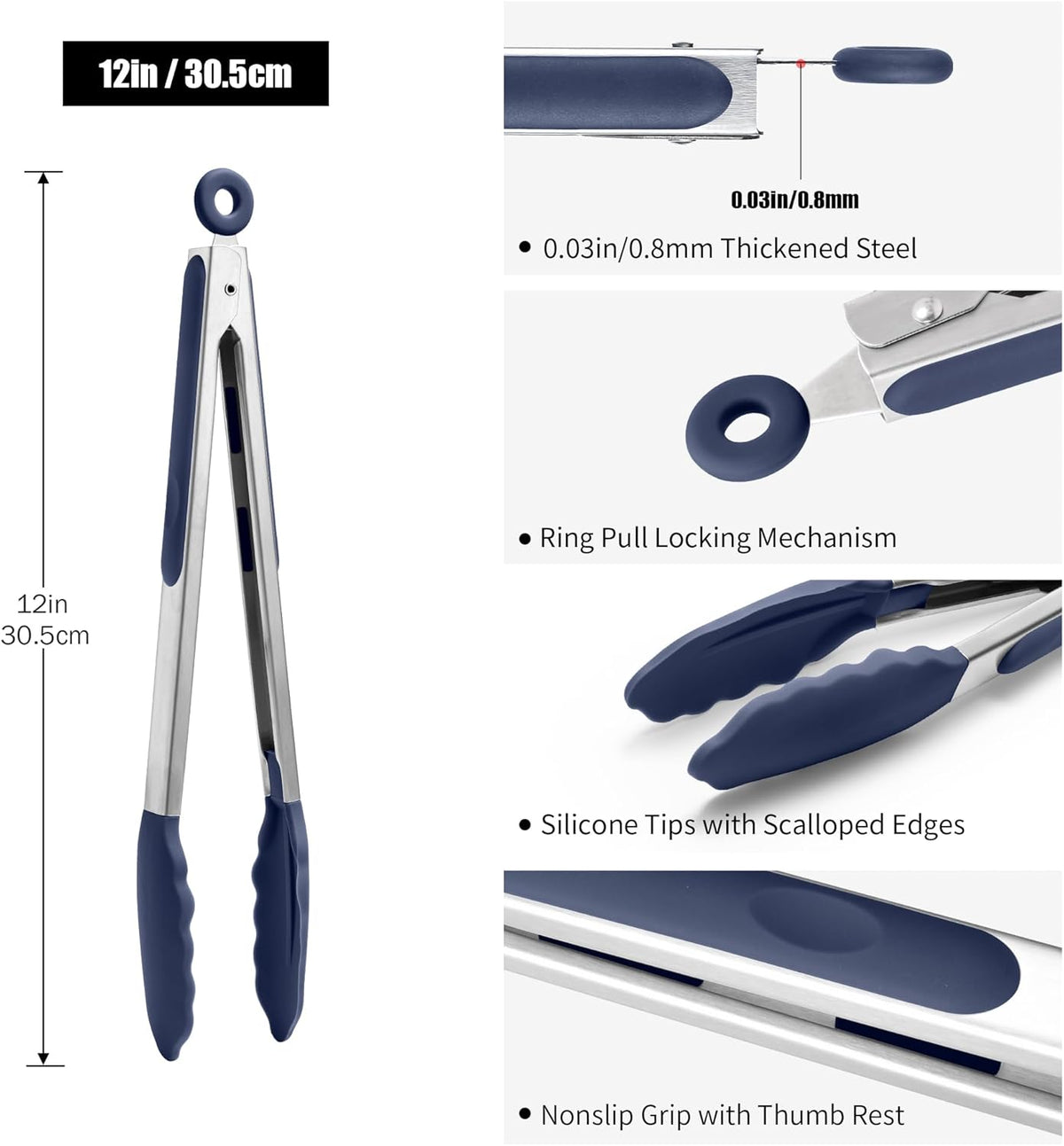 Doosu Kitchen Tong for Cooking: 600°F Heat-Resistant Silicone Food Tong, Stainless Steel Locking Tongs for BBQ (12in, Blue)