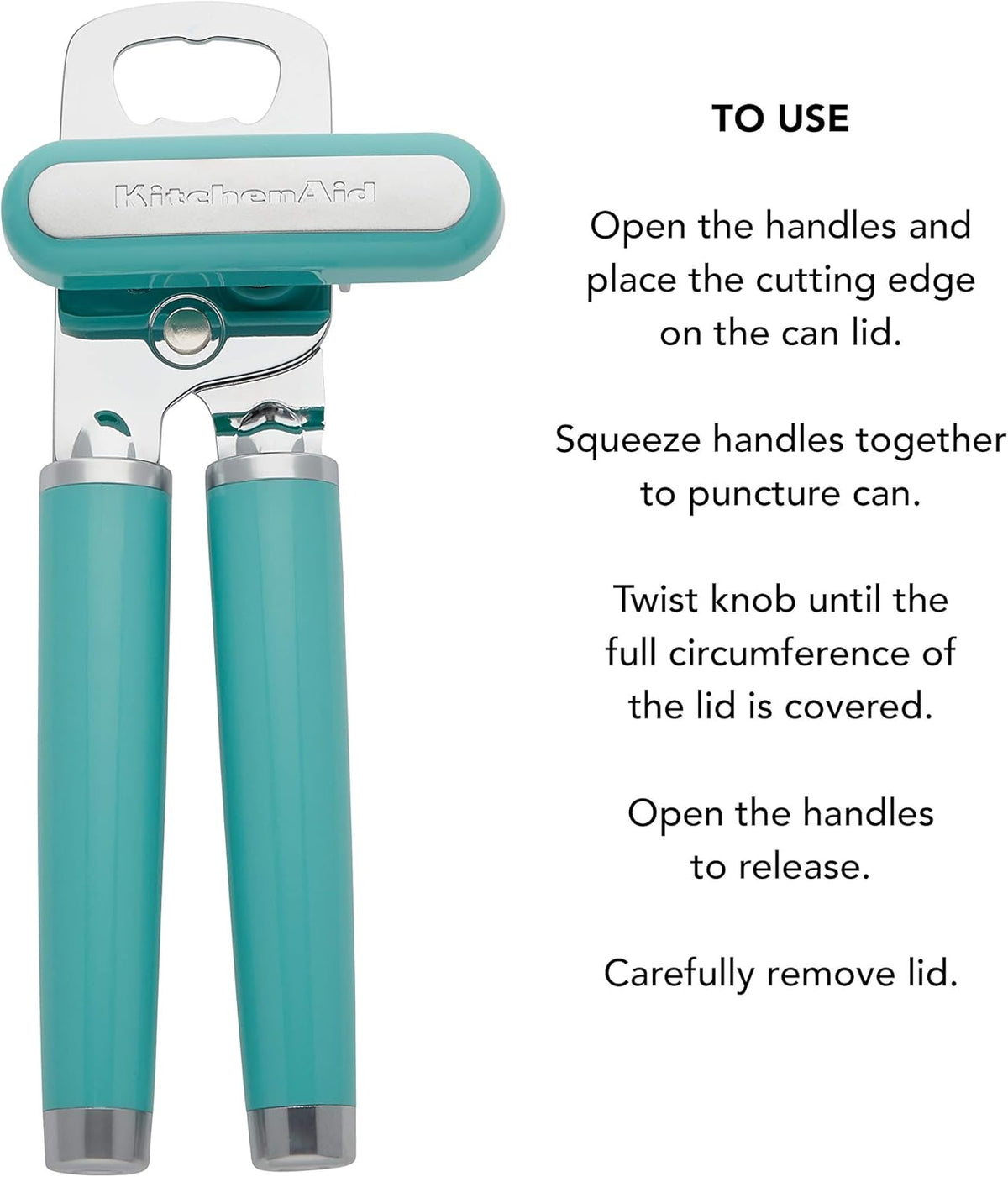 KitchenAid Classic Multifunction Can Opener and Bottle Opener Easy to Use, Razor Sharp Stainless Steel Cutting Wheel, Soft Ergonomic Handles, Aqua Sky