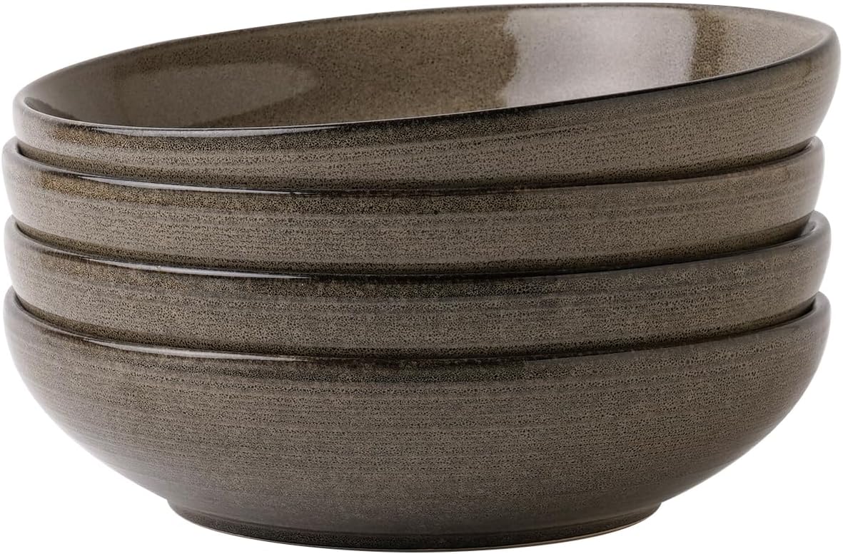 famiware Tempus Pasta Bowls Set of 4, 40 oz Bowls for Kitchen, Stoneware Deep Serving Bowls, Dishwasher & Microwave Safe Bowls for Cereal, Salad, Soup, Dessert etc - Dark Olive