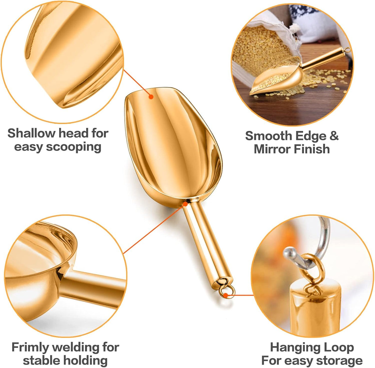 TeamFar Ice Scoops, 5oz Stainless Steel Canister Small Ice Candy Scoop for Kitchen Dispenser Buffet Jars, Healthy & Sturdy, Multi-use & Mirror Finish, Dishwasher Safe-2 PCS