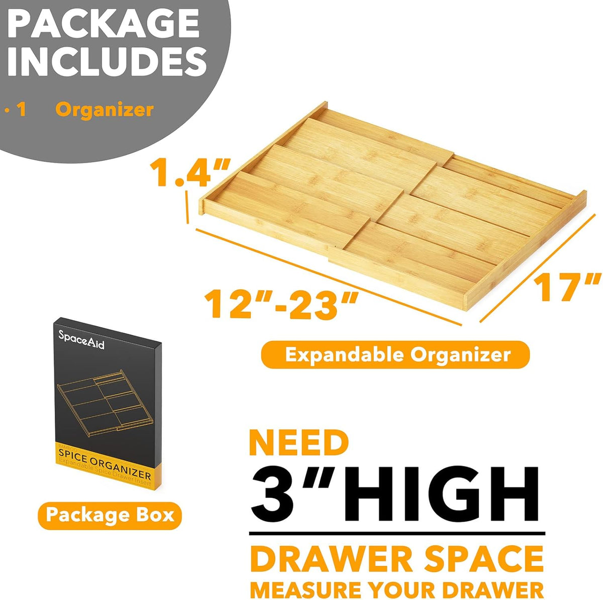 SpaceAid Bamboo Spice Drawer Organizer, (Need 3" Deep Drawer) Expandable 4 Tier Spices Rack for Cabinet, Kitchen Seasoning Storage Insert (Jars Not Included, From 12" to 23" Wide)