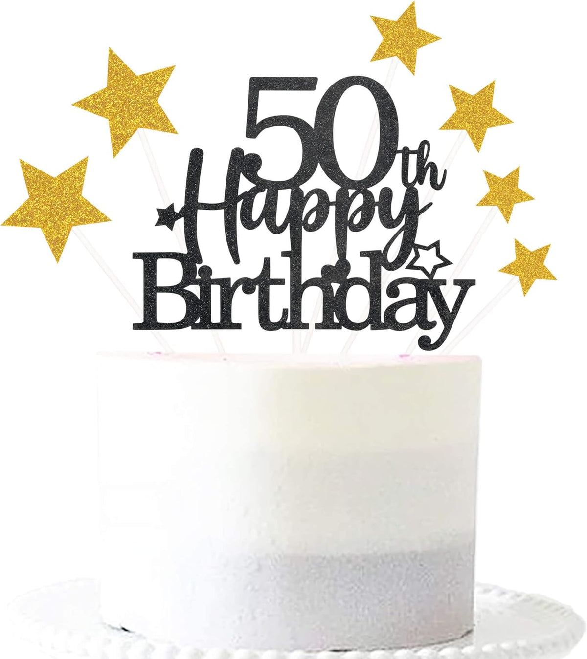 Glittery 50th Happy Birthday Cake Topper with Star,Personalised 50 Birthday Cake Toppers Party Decorations Party Supplies for Men Women Black Gold