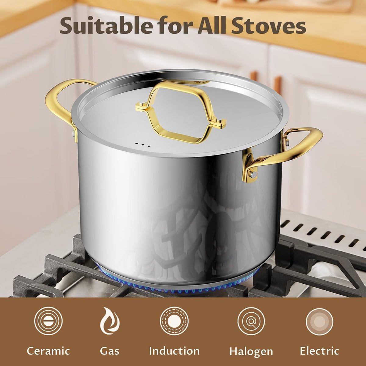 BEZIA 8 Quart Stainless Steel Stockpot with Lid, Induction Compatible Cooking Pots, Triple-Layer Bottom for Even Heat, Pasta & Soup Pot for Cooking, Boiling, Stewing, Dishwasher Safe