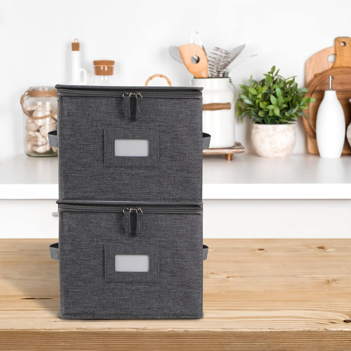 popoly China Storage Container for Bowls or Dessert Plates, 8.5" W x 6" H Plate Storage Case with 24 Felt Dividers, Hard Shell and Stackable (2 Pack Grey)