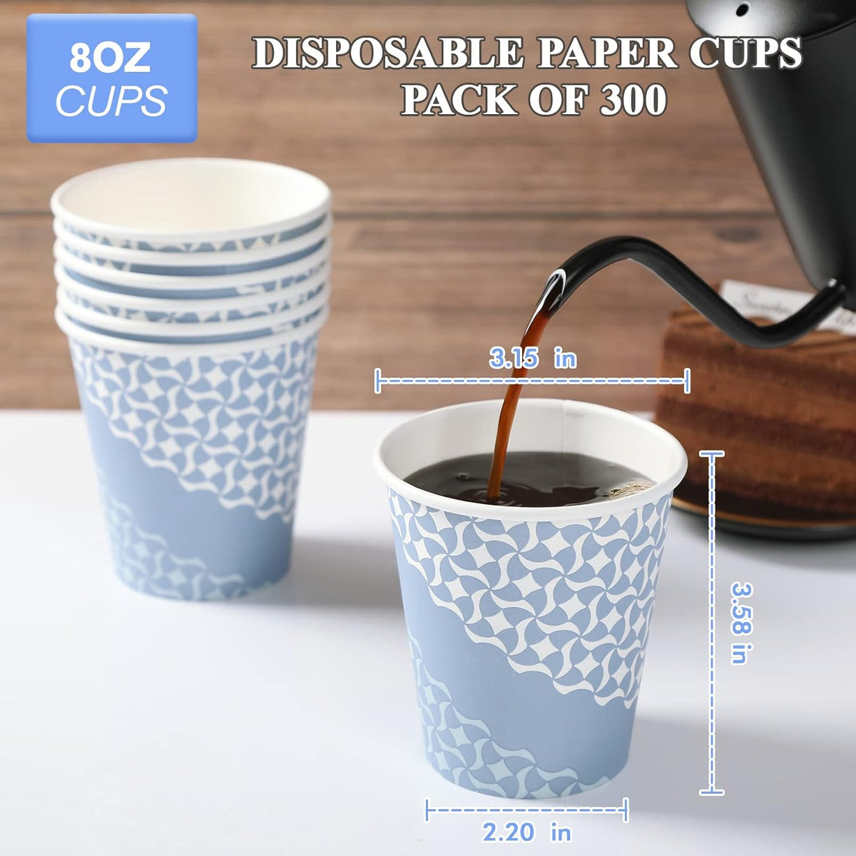 MUCHII 8 oz Paper Cups, 300 Count Disposable Coffee Cups for Hot Beverages, Water, Juice, or Tea
