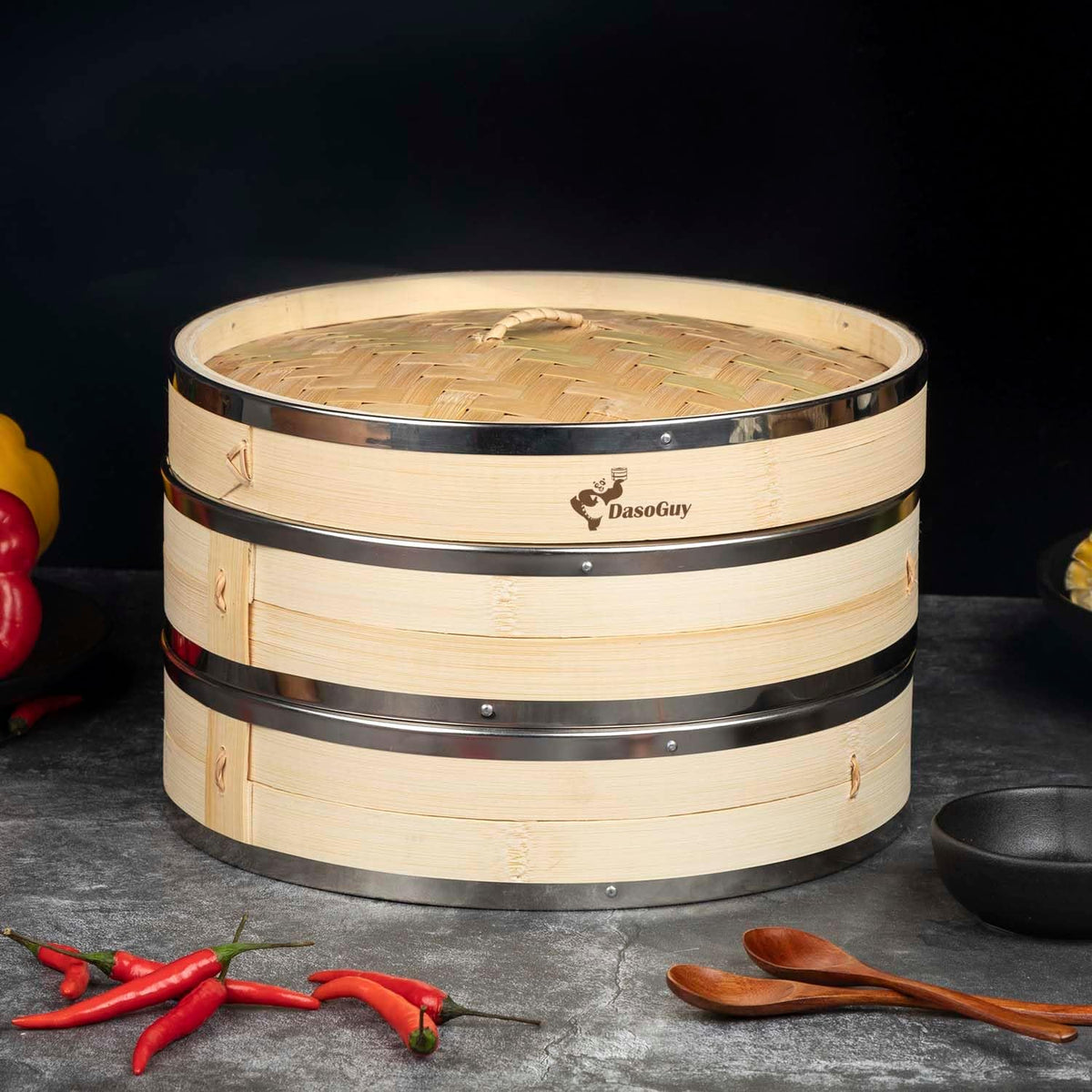 Bamboo Steamer Basket, Stainless Steel Reinforced Rim, 10-Inch 2-Tier Steamer for Cooking, 50 Liners Chopsticks Sauce Dish Dumpling Makers, Steaming Asian Food Bao Buns Dim Sum Rice Veggies Steam Pot