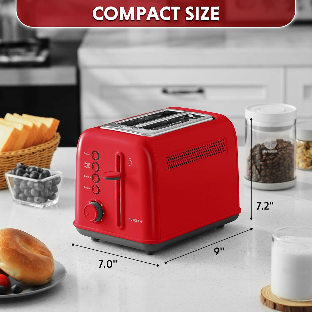 BUYDEEM DT620 2-Slice Toaster, Extra Wide Slots, Retro Stainless Steel with High Lift Lever, Bagel and Muffin Function, Removal Crumb Tray, 7-Shade Settings,Red