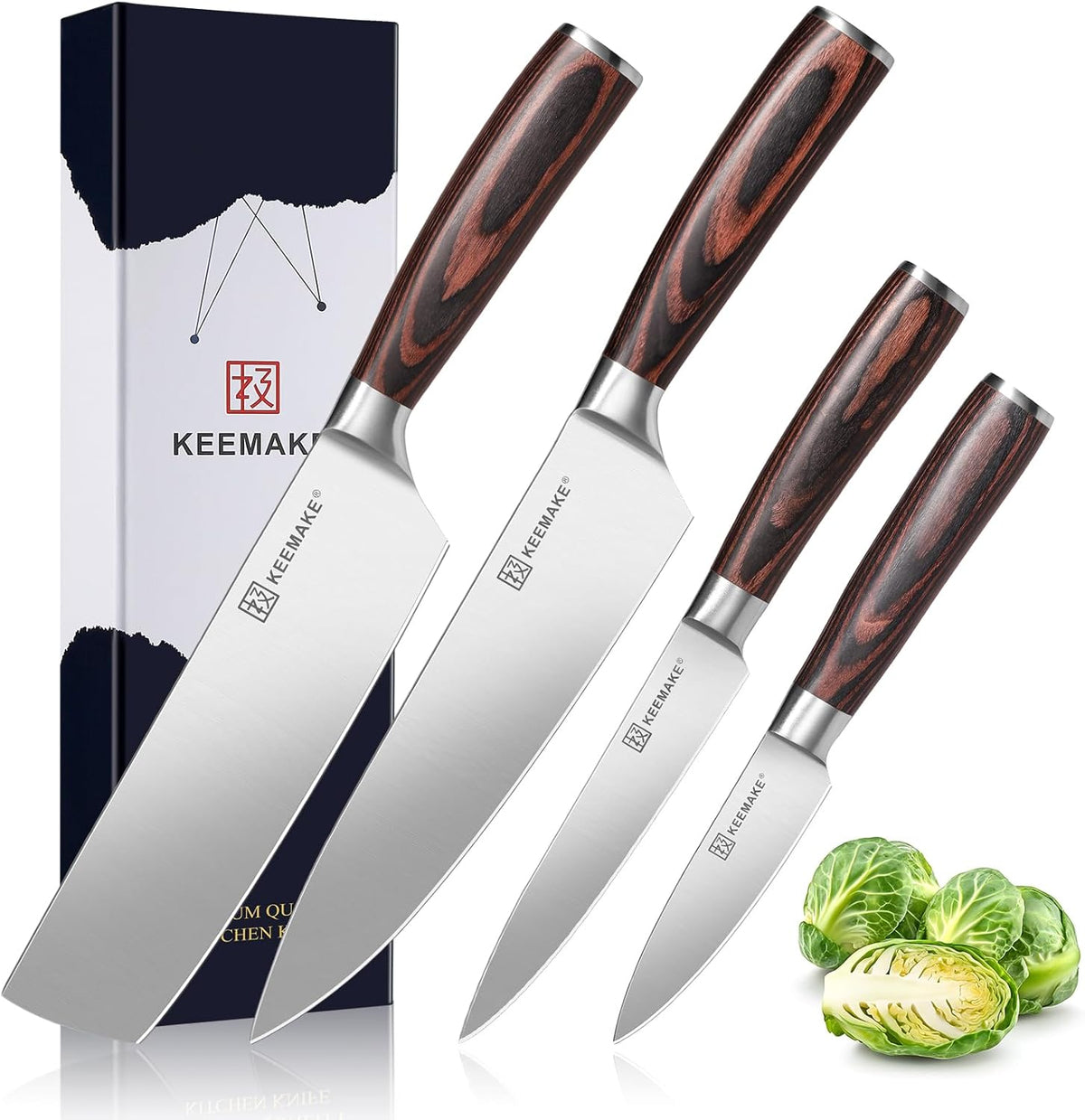 KEEMAKE Kitchen Knife Set of 4pcs - Sharp Kitchen Knives High Carbon Stainless Steel Blade, Chef Knife Set Pakkawood Handle Knives Set for Kitchen, w/Elegant Gift Box