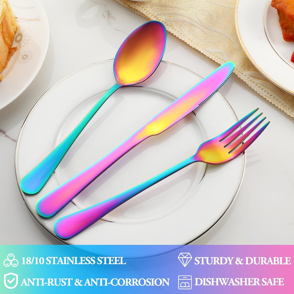 40 Pcs Rainbow Silverware Set Service for 8,Stainless Steel Flatware Serving Sets,Kitchen Tableware Set,Utensil Set for Home and Restaurant,Knives Forks Spoons Set,Mirror Polished,Dishwasher Safe