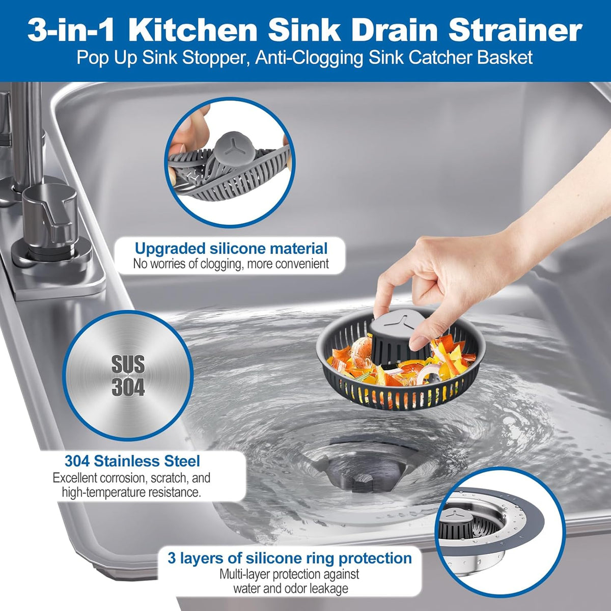 3 in 1 Universal Kitchen Sink Drain Strainer Stopper–304 Stainless Steel & Silicone Anti-Clog Basket,3-Layer Leak-Proof Ring for 3.5”US Standard Drains,Easy-Clean,Odor Isolation,No Installation