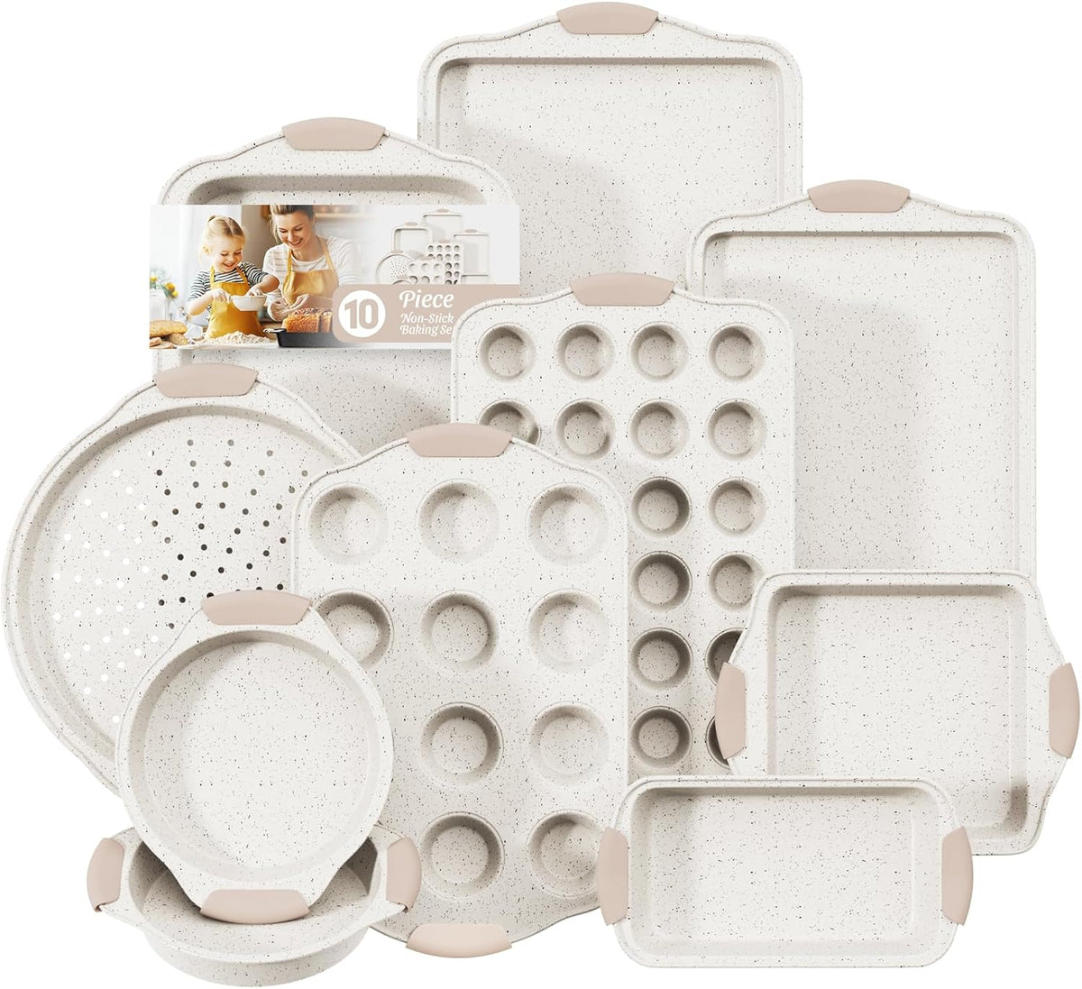 10-Piece Baking Pans Set Nonstick, Stackable Bakeware, Toxin-Free Baking Pans Set with Silicone Handles, Includes Cookie Sheets, Cake Pan, Loaf Pan, Pizza Pan, Muffin Pan, White&Khaki
