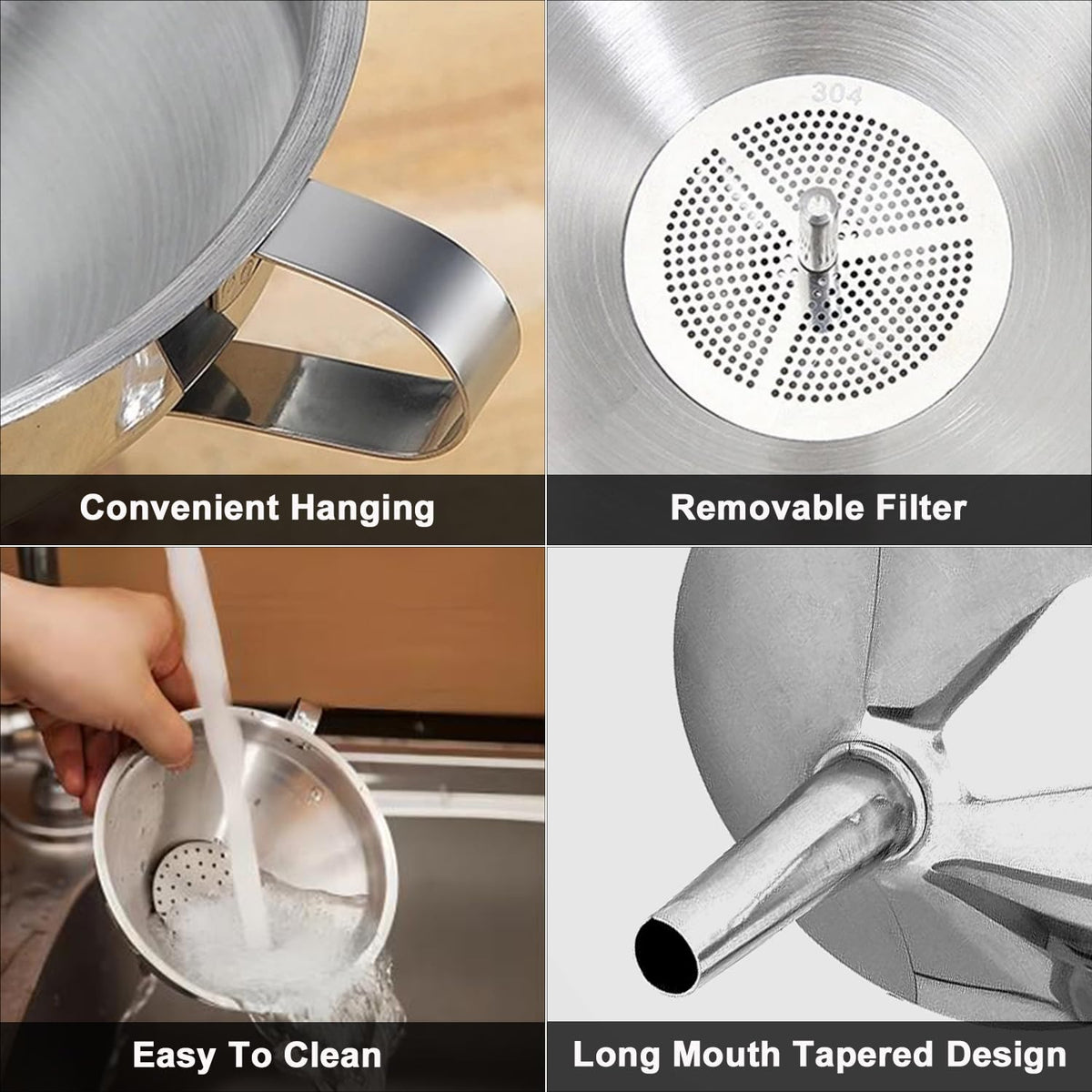 Stainless Steel Funnels for Kitchen use,4PCS Kitchen Metal Funnel with 2 Removable Strainer,Cleaning Brush.Funnel for Filling Bottles,for Transferring of Liquid,Oils,Jam (5.1",3",2.2",1.8")