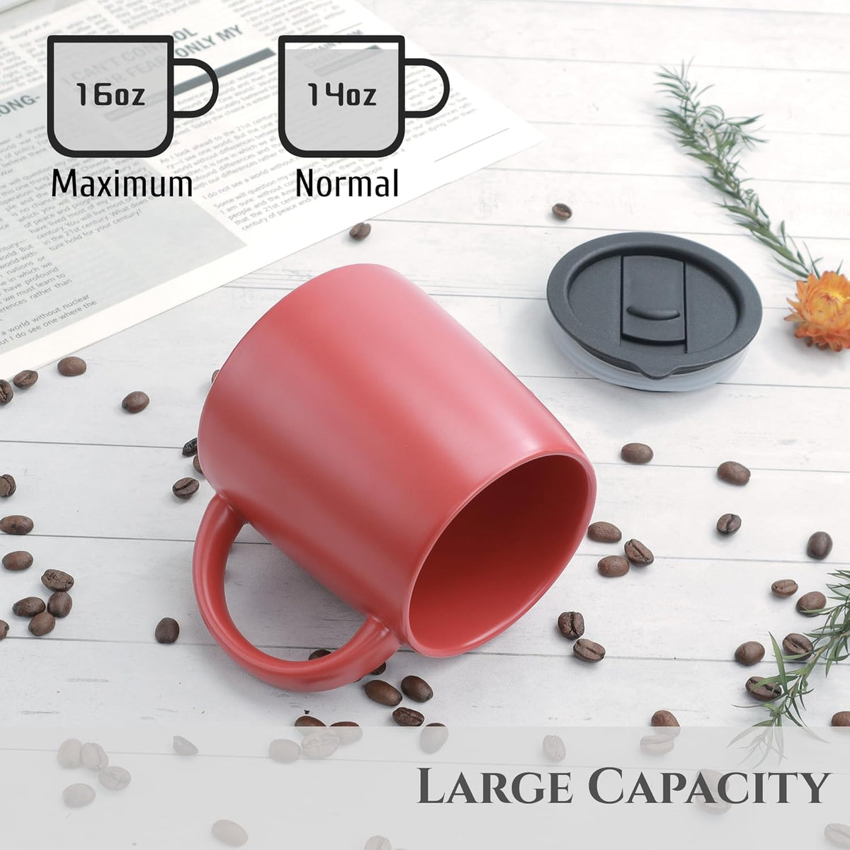 Classic Mug, 14 oz Large Coffee Mug with Handle, Ceramic Porcelain Tea Cup, Smooth Matte (Sliding Lid, Red)