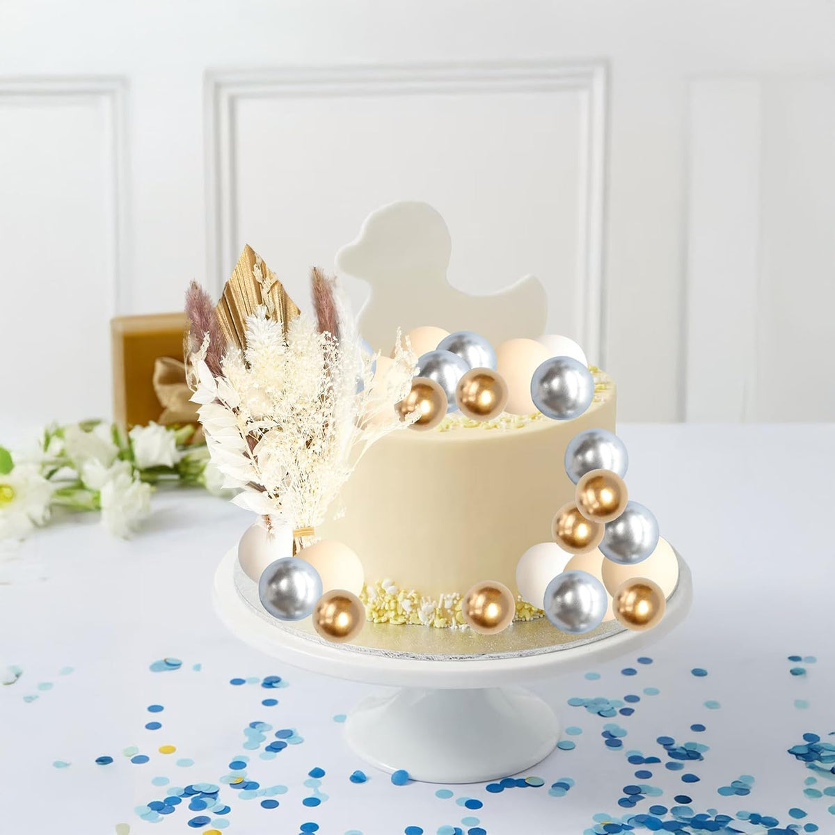 Gyufise 21 Pack Flower Boho Cake Topper Ball Cake Decorations Palm Leaves Plants Cake Decor for Girl Bohemian Princess Theme Wedding Baby Shower Birthday Party Supplies White