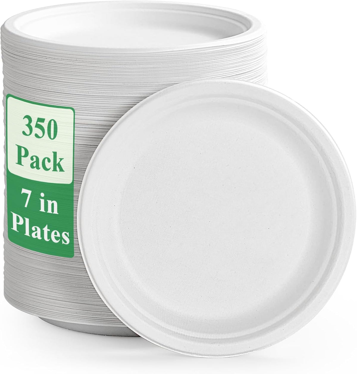 Vplus 350 Pack Paper Plates 7 inch 100% Compostable, Heavy-Duty Disposable Paper Plates Bagasse Natural Biodegradable Eco-Friendly Sugarcane(White)
