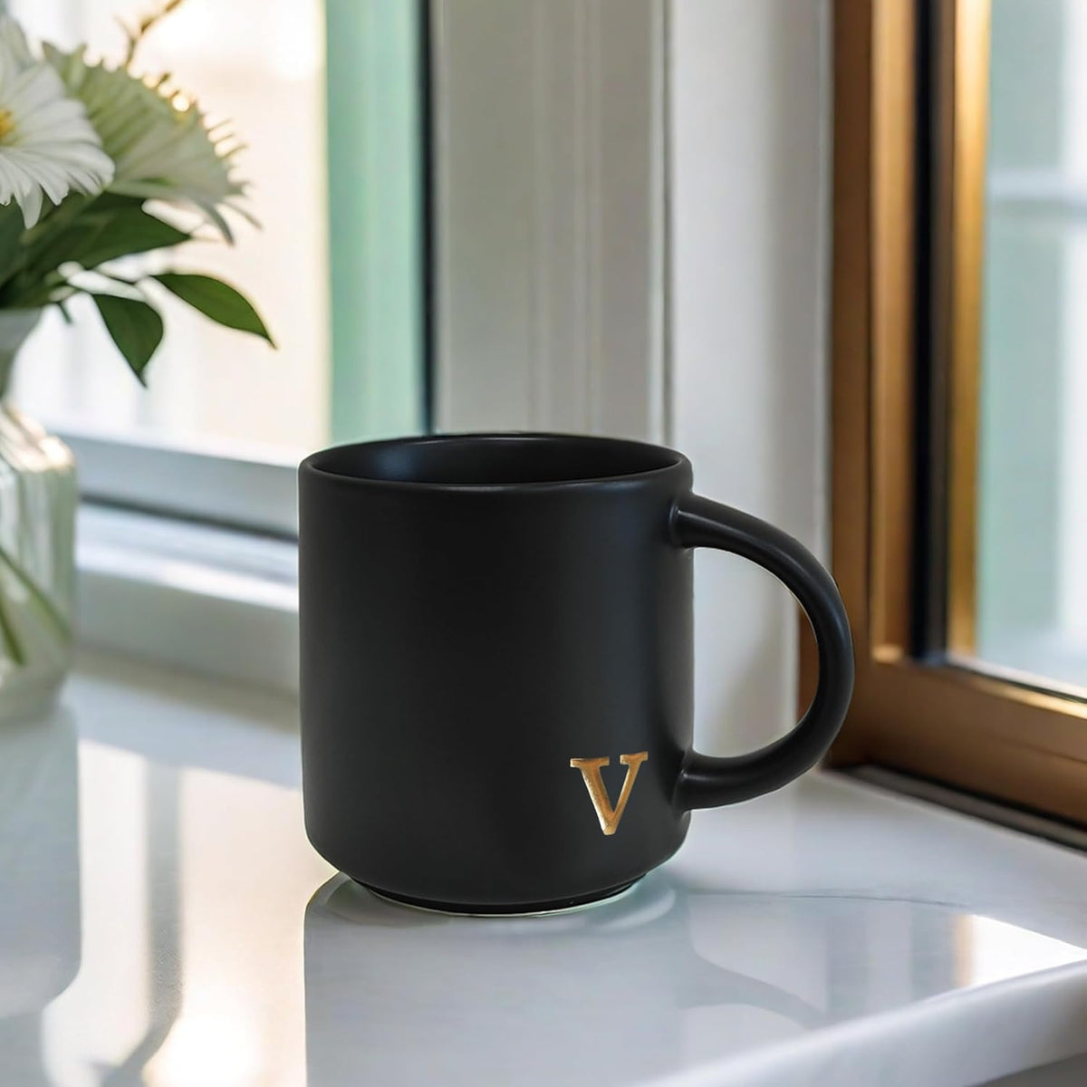 COLLECTIVE HOME - Black Monogram Ceramic Mugs, 15 oz Golden Initial Coffee Cups, Elegant Alphabet Tea Mugs, Personalized Halloween Mug with Gift Box, Perfect for Office and Home Décor (v)