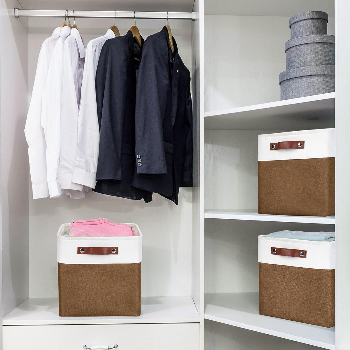 Collapsible Fabric Storage Cubes 11x11 Cube Storage Bins, 4 Pack Closet Baskets Box with Handles for Organizing, Shelf, Toys, Clothes, Home, Office, Nursery (Brown&White)