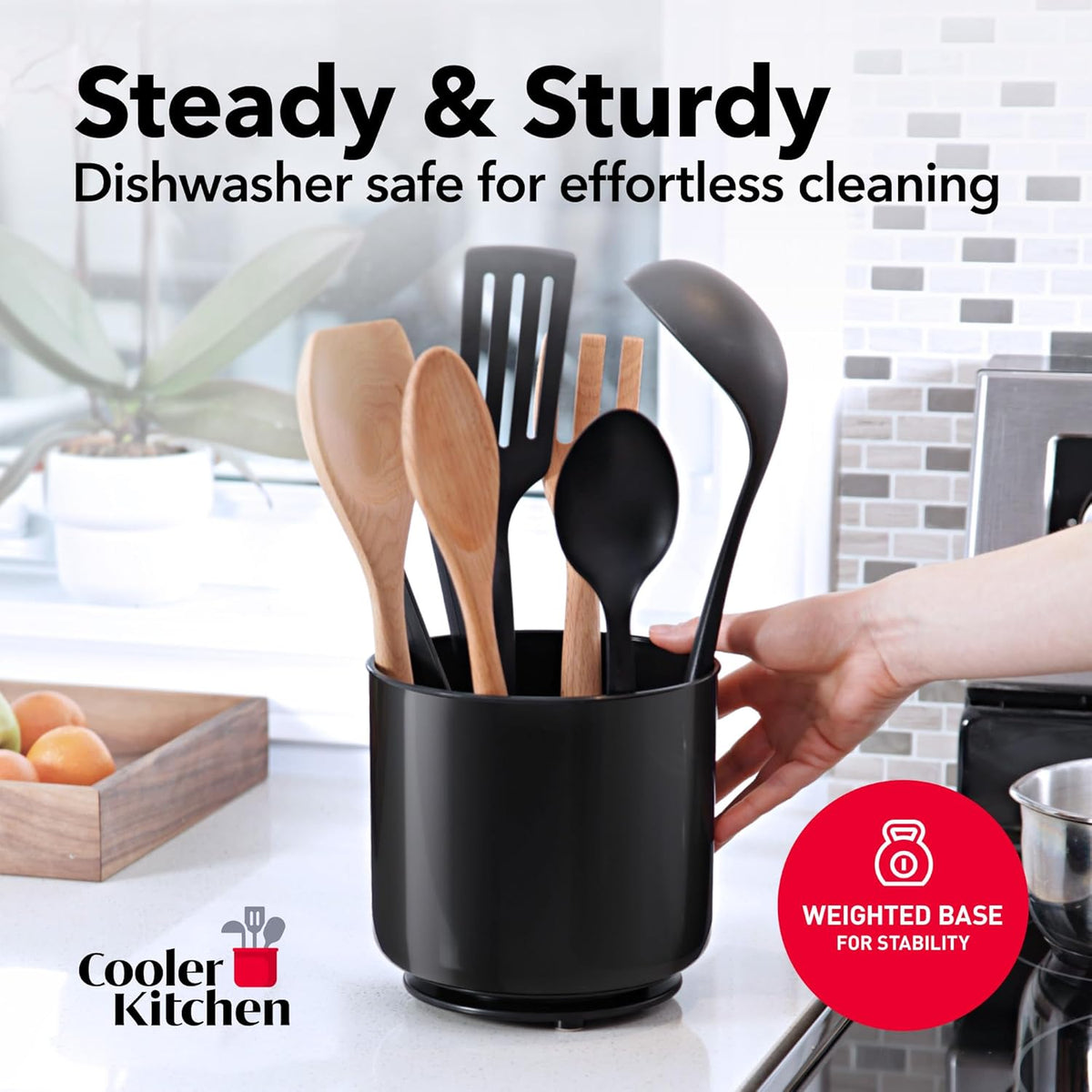 Extra Large Sturdy Rotating Black Utensil Holder Caddy with No-Tip Weighted Base, and Gripped Insert - Rust Proof and Dishwasher Safe Kitchen Utensils Holder