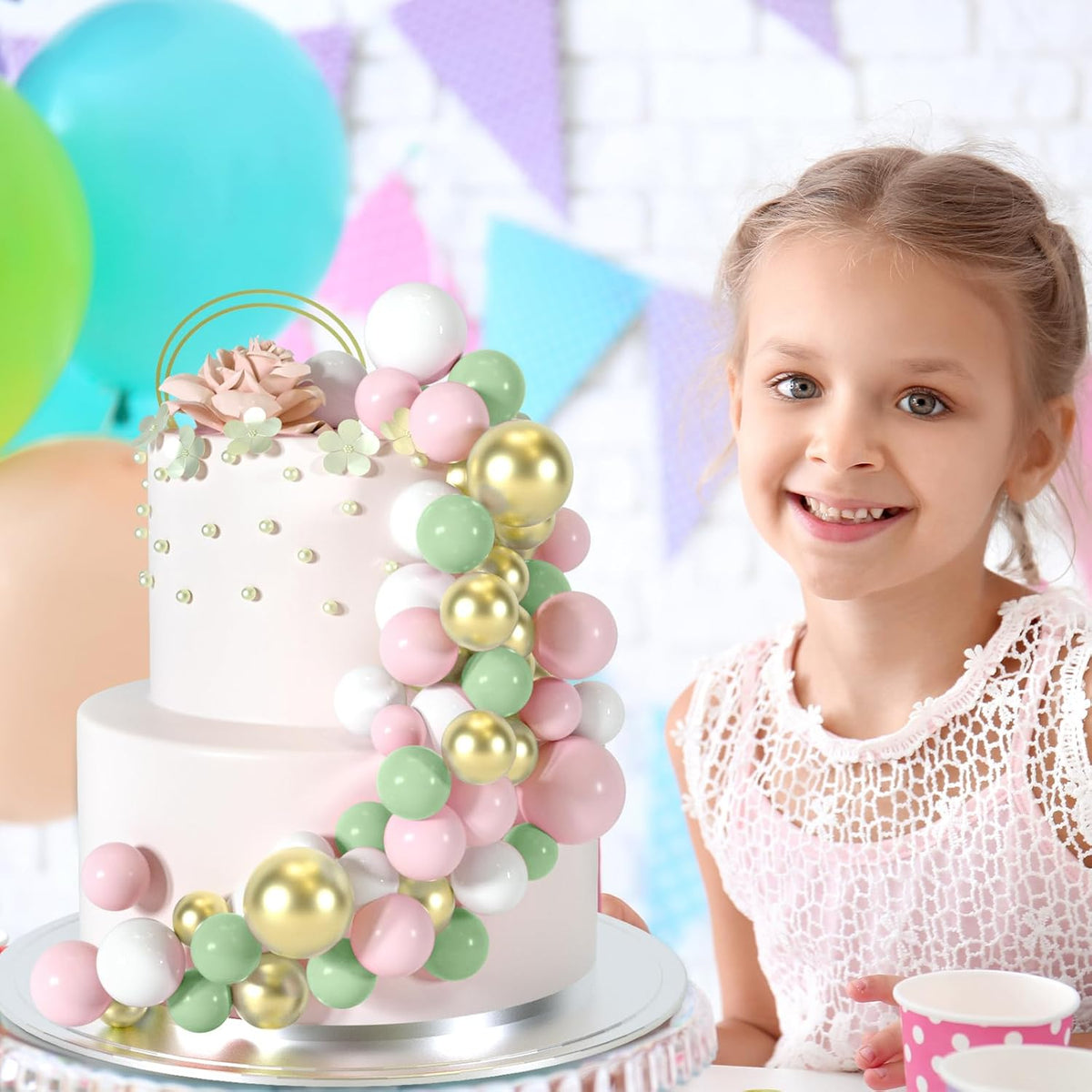 48 Pcs Balls Cake Topper Decorations Balloon Cupcake Toppers Foam Cake Topper Balls Cake Balls Decorations for Birthday Party Wedding Cake Decorating(Green,Pink,White,Gold)