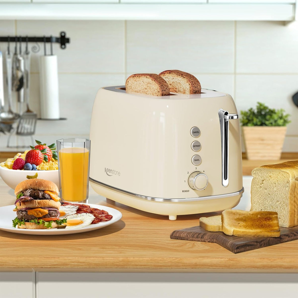 Toasters 2 Slice Retro Stainless Steel Toasters with Bagel, Cancel, Defrost Function and 6 Bread Shade Settings Bagel Toaster, Beige