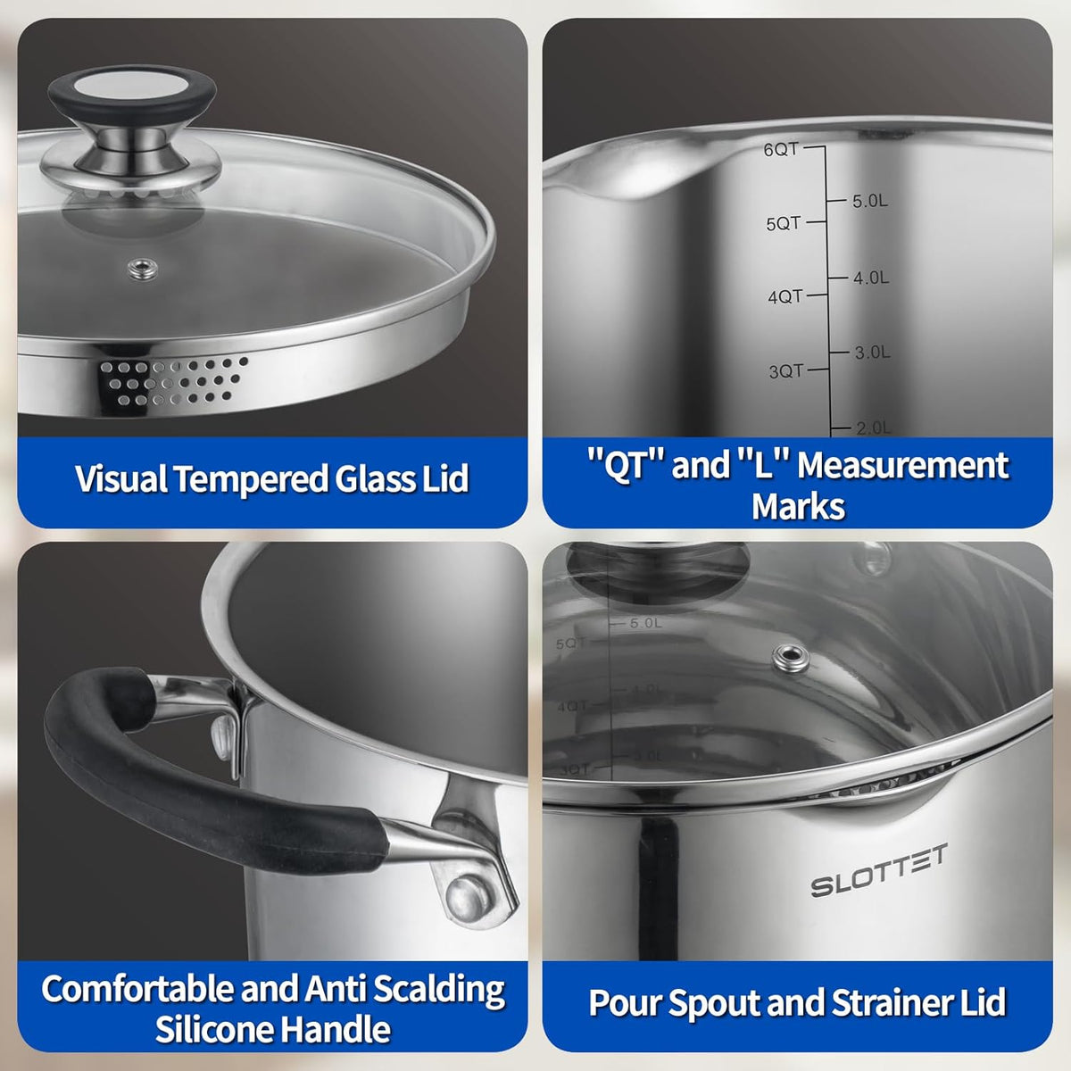 6 Quart Stainless Steel Stock Pot with Strainer Glass Lid,6 Qt Soup Pot Multipurpose Stockpot with Pour Spout,Stay-cool silicone Handle.
