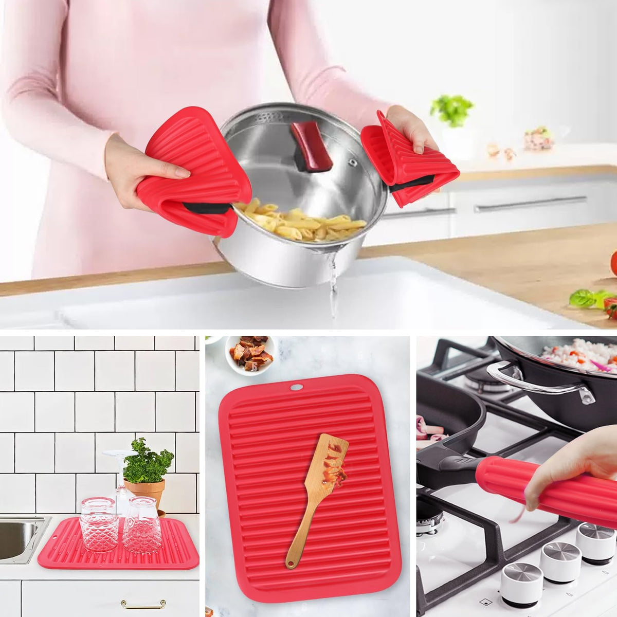 2 Pack Silicone Trivets - Heat Resistant Non-Slip Flexible Pot Holders for Hot Dishes & Pans - Red Silicone Trivet Mat Dish Drying Mat Spoon Rest, 9x12 in