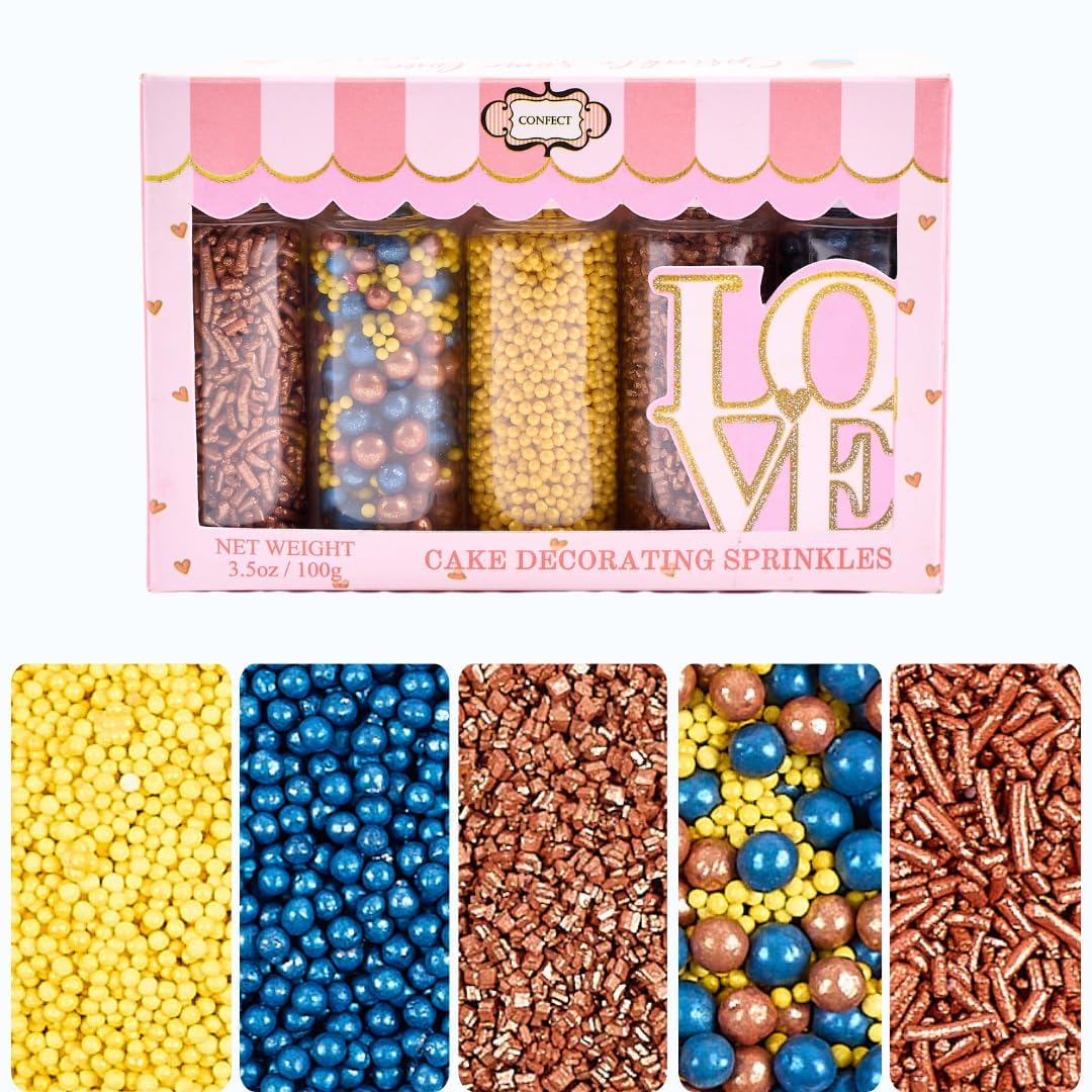 Sprinkles - Confect Sprinkles for Cakes & Cupcakes Decoration Assorted pack of 5 ?Graduation Day Mix Yellow, Copper & Navy Blue Pearl Dragees Copper Jimmies Bronze Sparkling Sugar | Vegan, Gluten-Free, Nut-Free, Soy-Free, Dairy-Free, Palm Oil-Free- 5 Oz