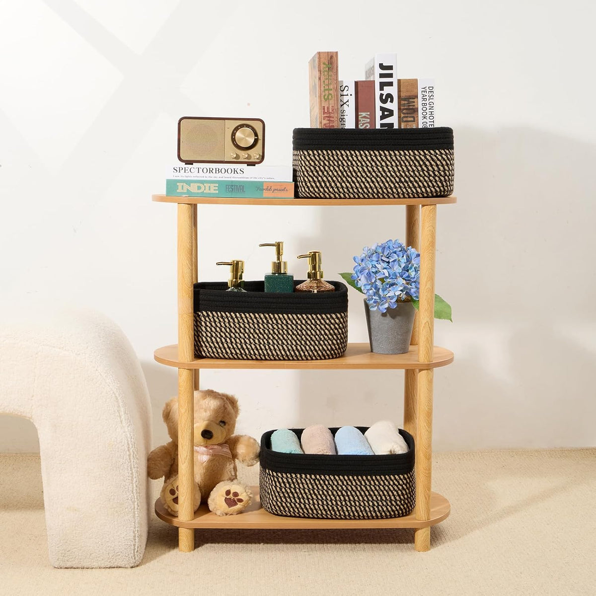 Small Storage Baskets for Organizing | Closet Organizer Bins | Shelf Toy Basket | Woven Rope Baskets | Cube Decorative Box | Shallow Basket | 13x8.5x5.1” | 4 Packs Black Brown