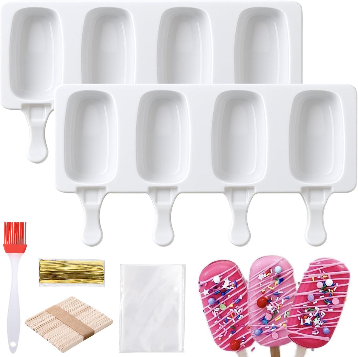 Juome Cake Pop Mold Kit, 8 Cavities Small Cakesicle Molds Silicone with 100 Wooden Sticks & 100 Packaging Bags with Ties, Cake Pop Maker Supplies Accessories, Baking Tools for Home Baking Desserts