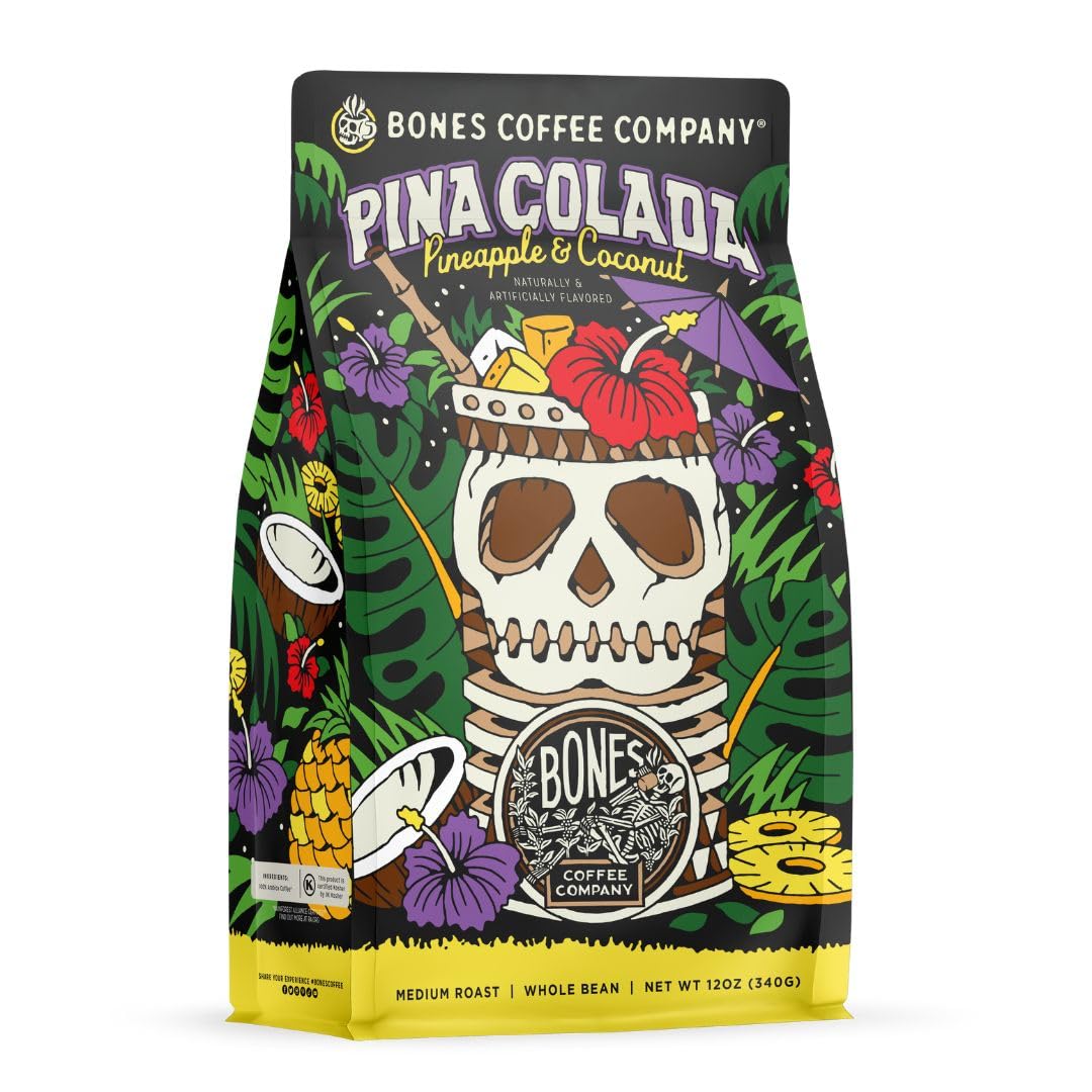 Bones Coffee Company Pina Colada, Pineapple and Coconut Flavored Coffee, Medium Roast Low Acid Arabica Beans Compatible with Auto drip and French Press Coffee Maker, 12 Oz Whole Bean