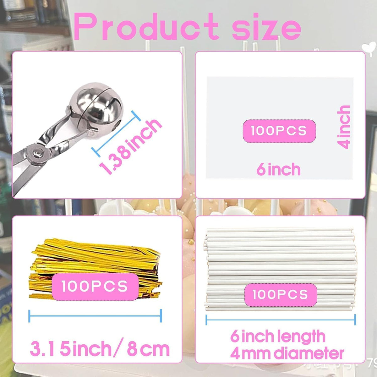 Cake Pop Kit, 100 6 inch Cake Pop Sticks, 100 Cake Pop Bags, 100 Twist Ties, 1 Cake Pop Mold Roller, Cake Pop Maker for Cake pops, Lollipop, Candies, Chocolates and Cookies (Pink)