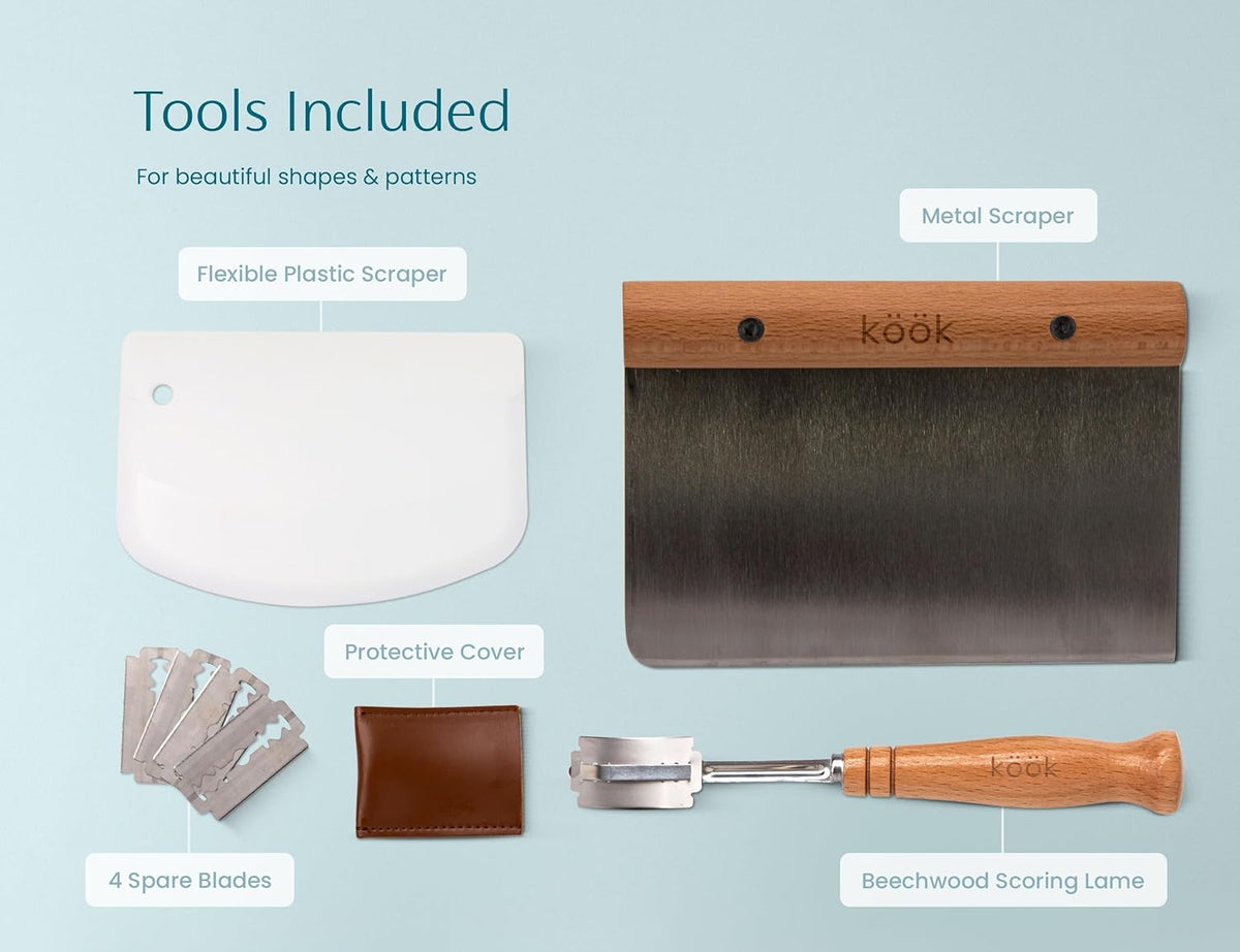 Kook Proofing Set, Sourdough Bread, 2 Rattan 9 Inch Banneton Baskets, 2 Basket Covers, Metal Scraper, Plastic Scraper, Scoring Lame, 5 Blades and Case, Baking Kit, Dough Bowls, Round Shape