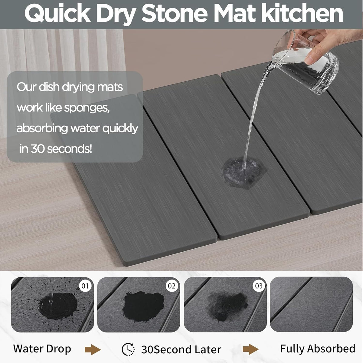 2PCS Stone Drying Mat for Kitchen Counter, Stone Dish Drying Mat - Diatomite Water Absorbing Drying Stone for Kitchen Counter Mat, Quick Dry Stone Mat Kitchen for Cups Dishes Bottles.