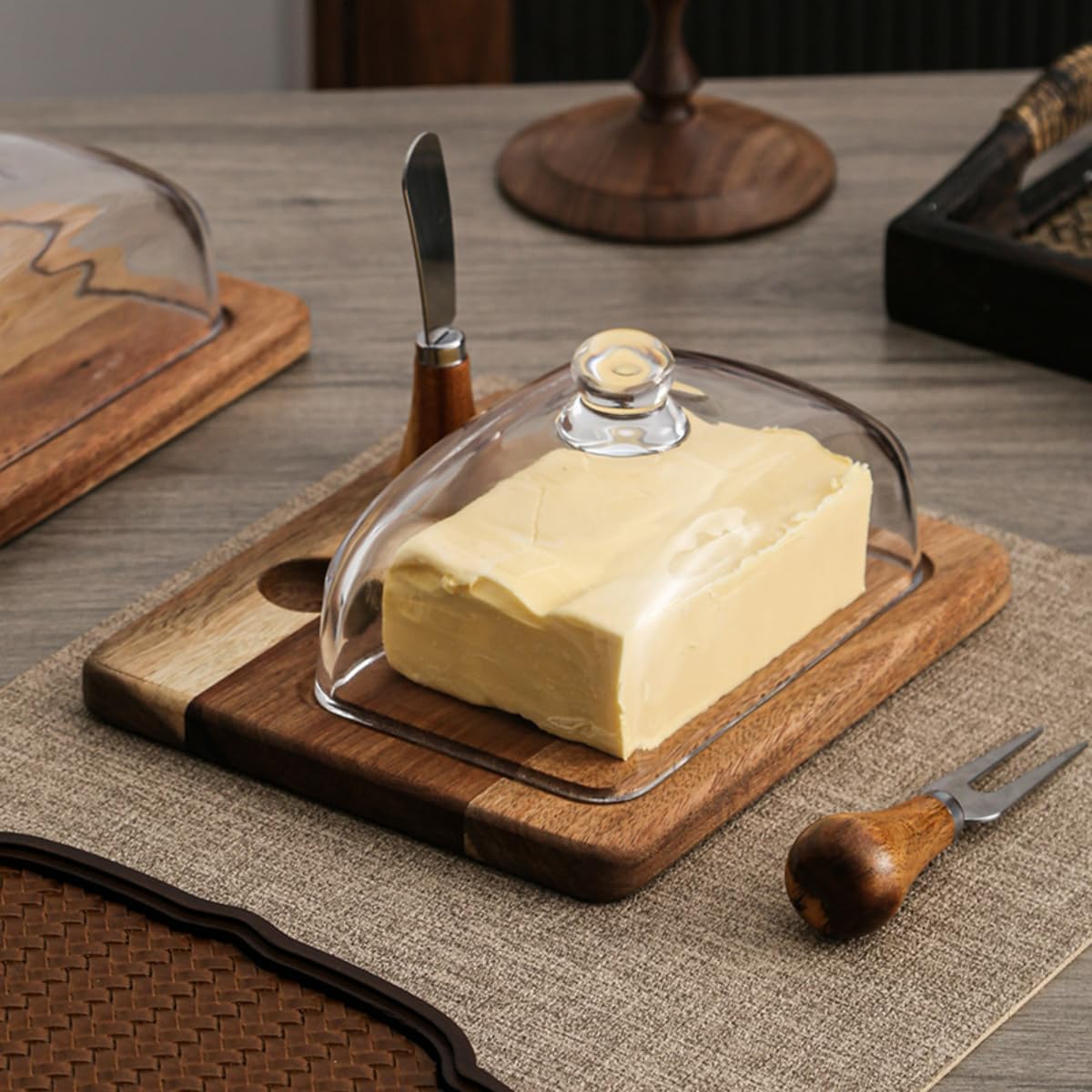 Acacia Wood Butter Dish with Knife and Glass Cover for Cheese, Butter, Cake, Dessert Serving Tray Elegant Kitchenware (2 knifes)