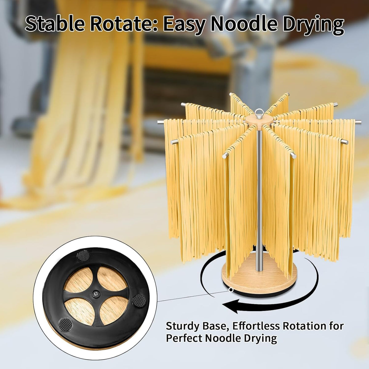 Pasta Drying Rack, Rotatable 304 Stainless Steels Pasta Rack with Handle, Detachable Stand Noodles Drying Hanger for Homemade Fresh Spaghetti, Tagliatelle, Fettuccine