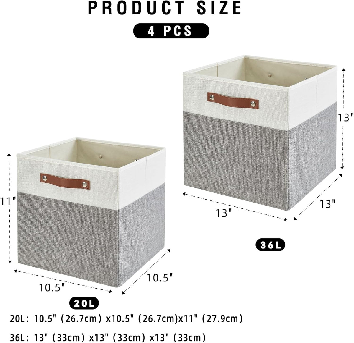 Collapsible Fabric Storage Cube Bins with 2 Reinforced PU Handles, Foldable Storage Organizer Baskets for Closet, Shelves, Living Room | 11"x11"x11", 4 Pack, Gray & White