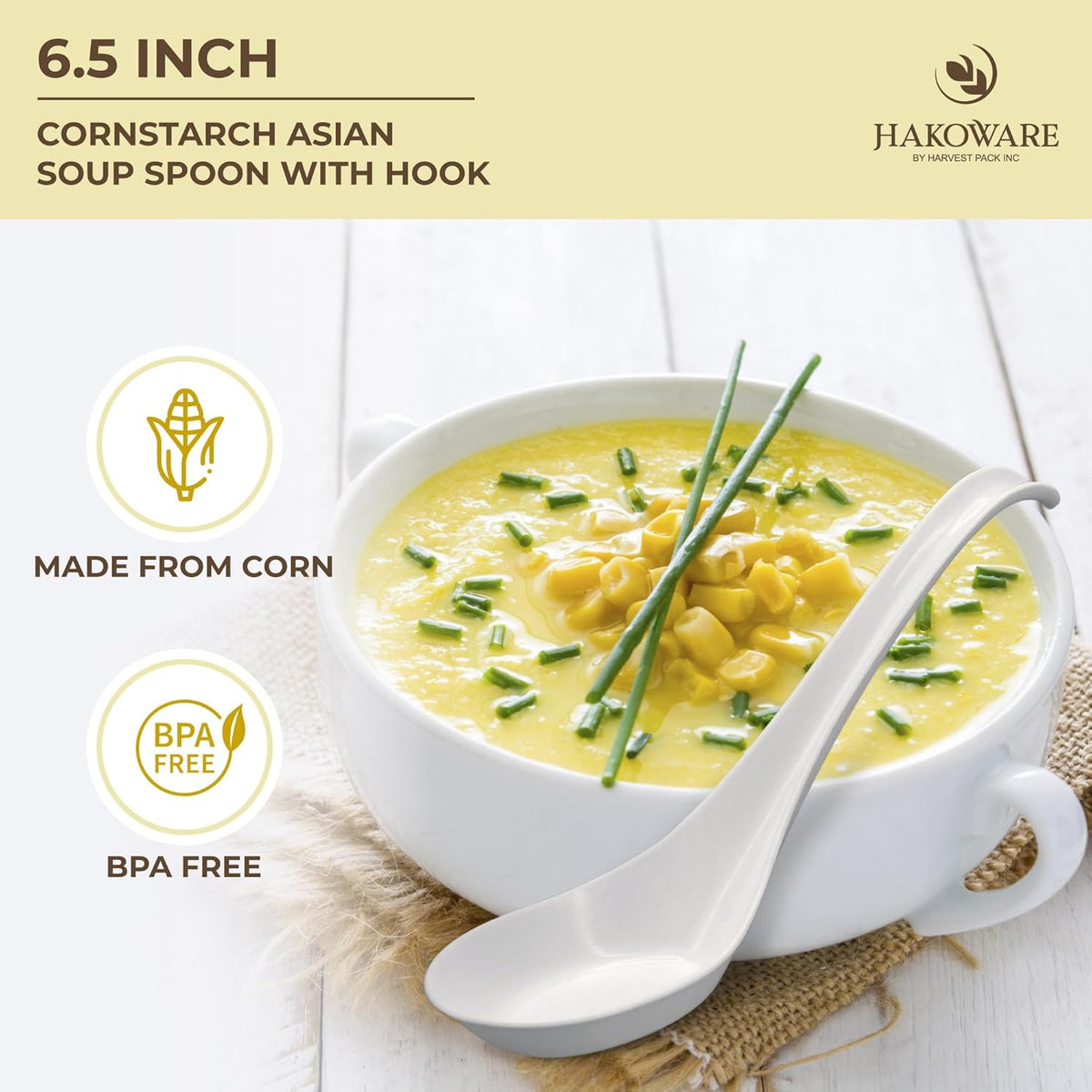 [600 COUNT] HAKOWARE Disposable Large Asian Soup Spoons with Hook, made from Crystalized Cornstarch, for Take-out Ramen Pho Noodles, Disposable Utensils Bulk Size Durable