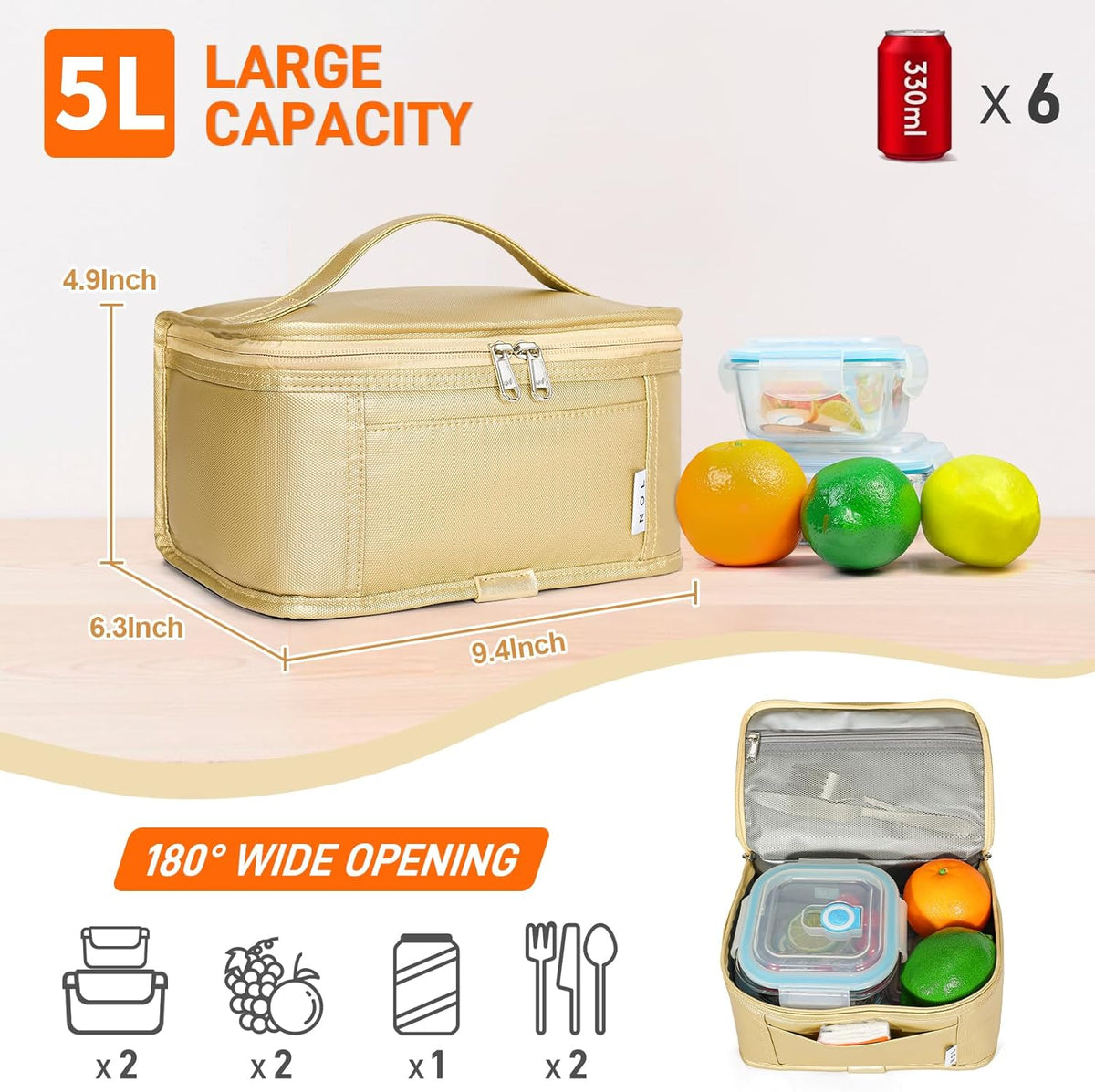 NOL Natural Organic Lifestyle Small Lunch Bag Mini Lunch Box Insulated Lunch Bag for Men/Women Leakproof Cooler Tote Bag Lightweight Nylon Waterproof Lunch Box For Work,Gold