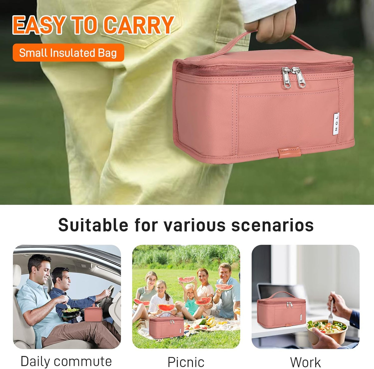 NOL Natural Organic Lifestyle Small Lunch Bag Mini Lunch Box Insulated Lunch Bag for Men/Women Leakproof Cooler Tote Bag Lightweight Nylon Waterproof Lunch Box For Work, Dark pink