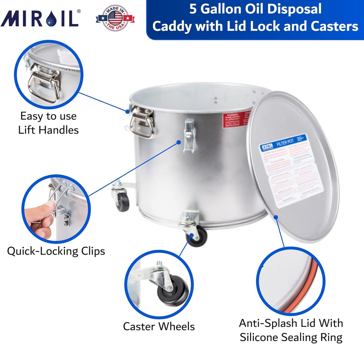 MirOil 5 Gallon Oil Disposal Caddy with Caster Wheels, USA Made Deep Fryer Grease Bucket Pot with Lid Lock &Lock Clips, 35lb Frying Oil Disposal Storage Container, Filtering Hot Cooking Grease - #40LC