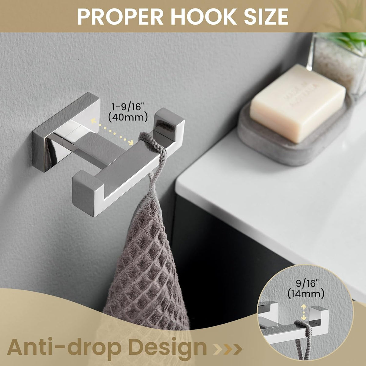 Suyar Double Towel Hook, SUS304 Stainless Steel Bathroom Hand Towel Holder, Bath Coat Robe Hanger Polished Chrome, Wall Mounted