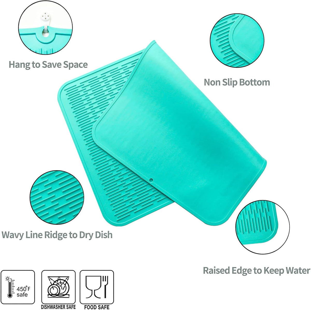 Silicone Dish Drying Mat for Multiple Usage,Easy clean,Eco-friendly,Heat-resistant Silicone Mat for Kitchen Counter or Sink,Refrigerator or Drawer Liner Mint 3XL 28 inches x 18 inches