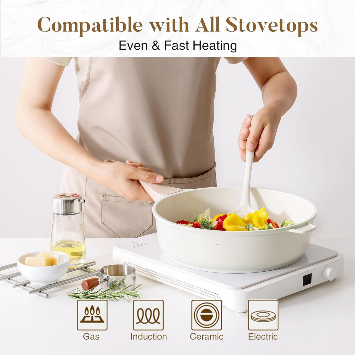 Nonstick Ceramic Deep Frying Pan, 12 Inch Non Toxic Large Skillet with Lid, 5 Qt Healthy Jumbo Cooker, Saute Pan for Cooking, Induction Cookware, PFOA & PFAS Free (Cream)