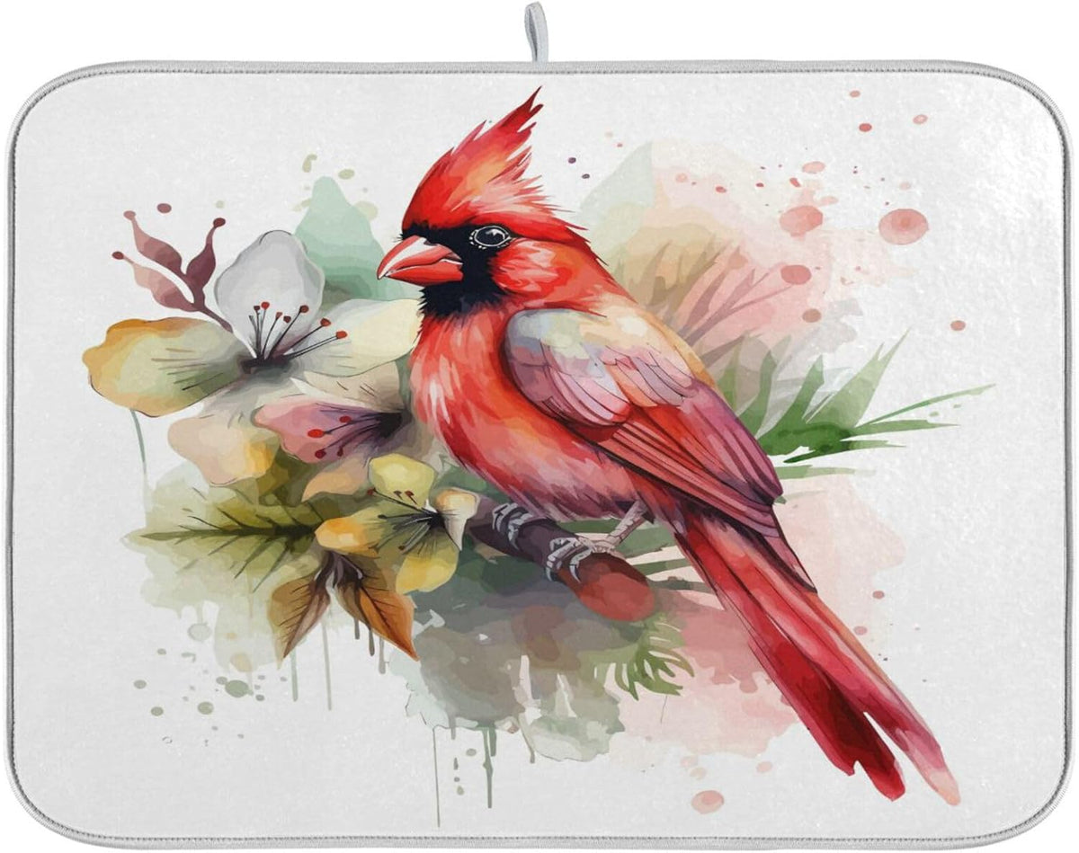 Cute Cardinal Christmas Dish Drying Mat for Kitchen Counter Absorbent Microfiber Drying Pad, Large 18x24 in, Reversible Drainer Mats