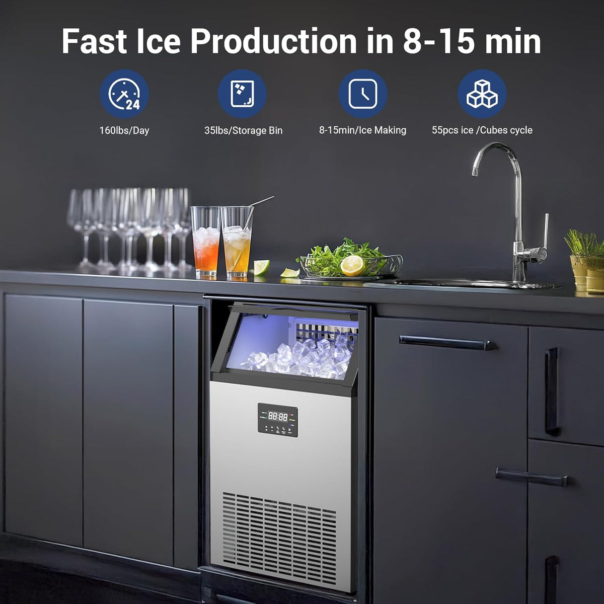 Commercial Ice Maker Machine 165Lbs/24H Stainless Steel Under Counter Ice Machine with 45lbs Ice Storage Capacity, Freestanding Ice Maker
