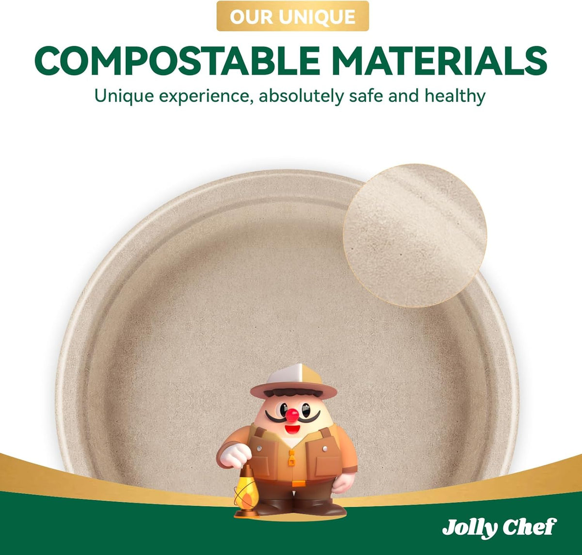 JOLLY CHEF Compostable Heavy Duty Plates 9 Inch [300 Pack] Eco-Friendly Disposable Natural Paper Plates Bagasse Biodegradable Bulk for Party Dinner Sugarcane Fibers Round 300 Count(Brown)