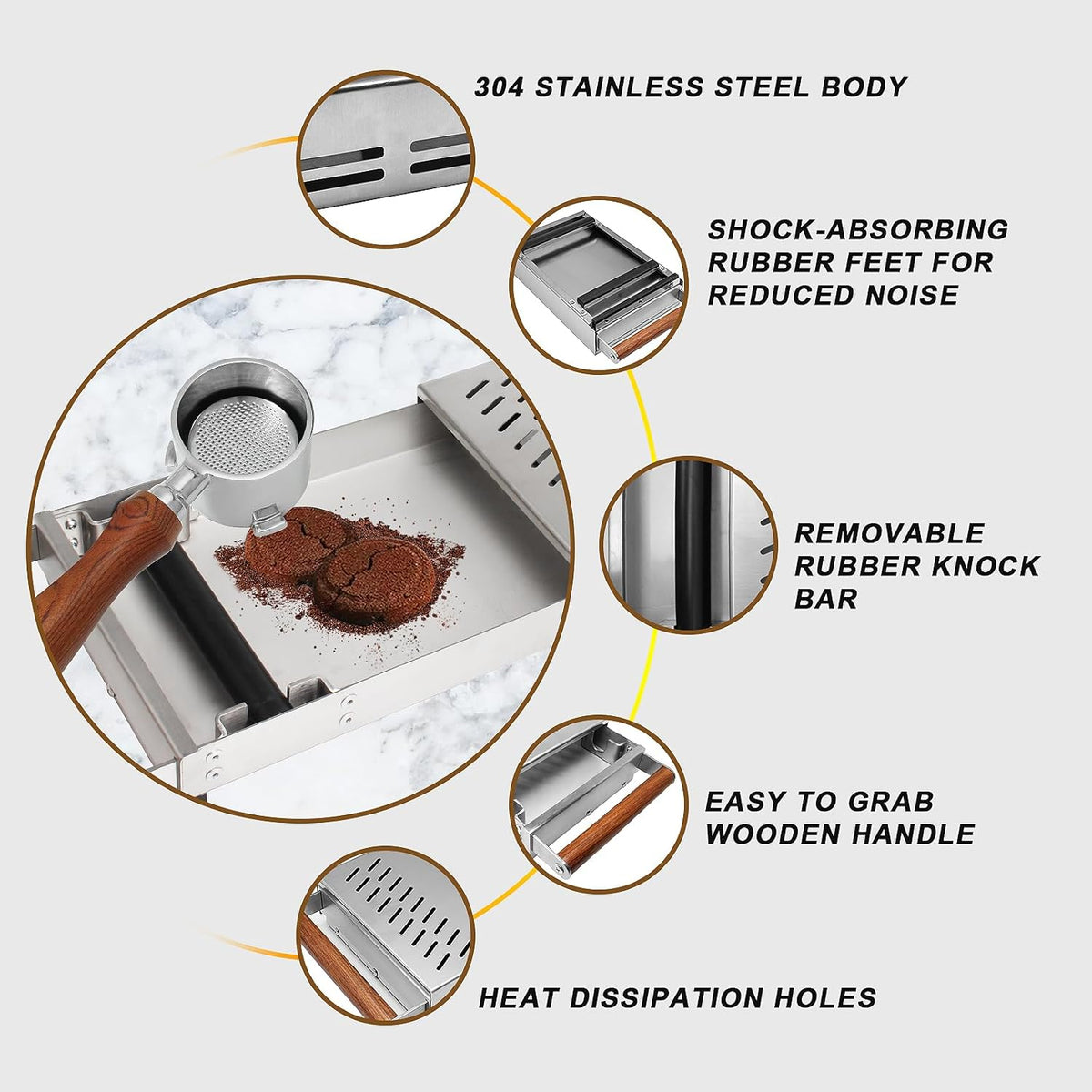 DIBTSA Espresso Knock Box Drawer, Coffee Knock Box with Shock-absorbing Removable Knock Bar and Non-Slip Base, 304 Stainless Steel, Espresso Accessories, 12.4 x 8.14 x 2.55 inch (Silver)