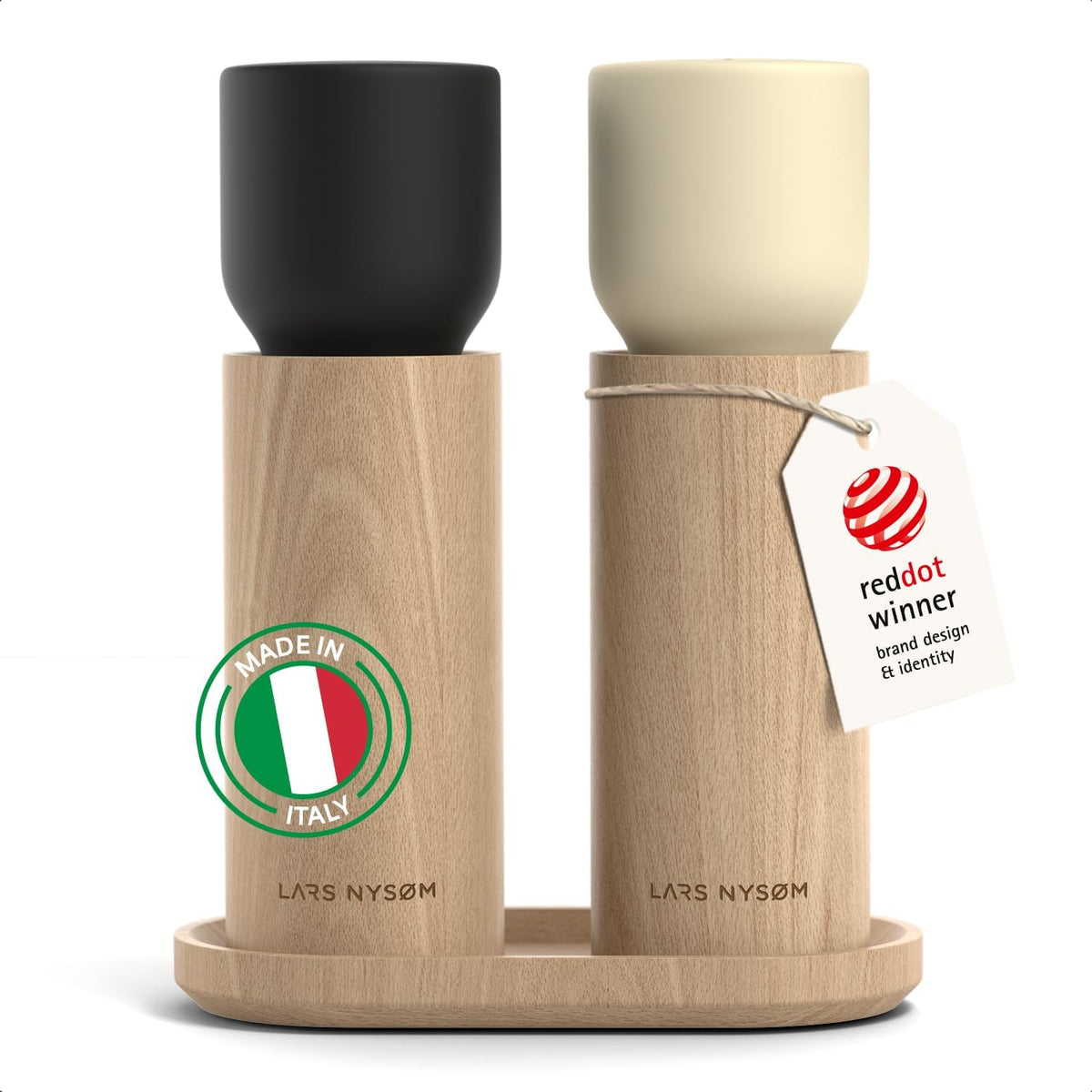 LARS NYSØM Wooden Salt and Pepper Grinder Set Manual with Tray - Salt and Pepper Mills with Adjustable Ceramic Grinder - Elegant Beechwood Pepper and Salt Mill Set for Dining Table (Black/Beige)