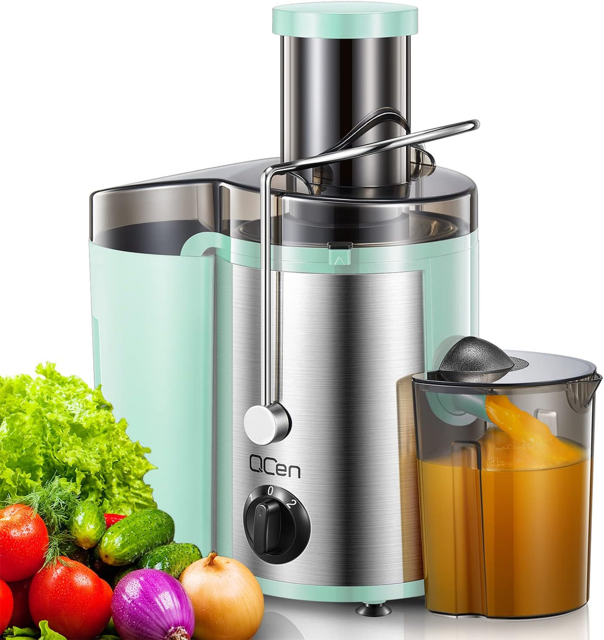 QCen Juicer Machine, 500W Centrifugal Juicer Extractor with Wide Mouth 3” Feed Chute for Fruit Vegetable, Easy to Clean, Stainless Steel, BPA-free (Aqua)